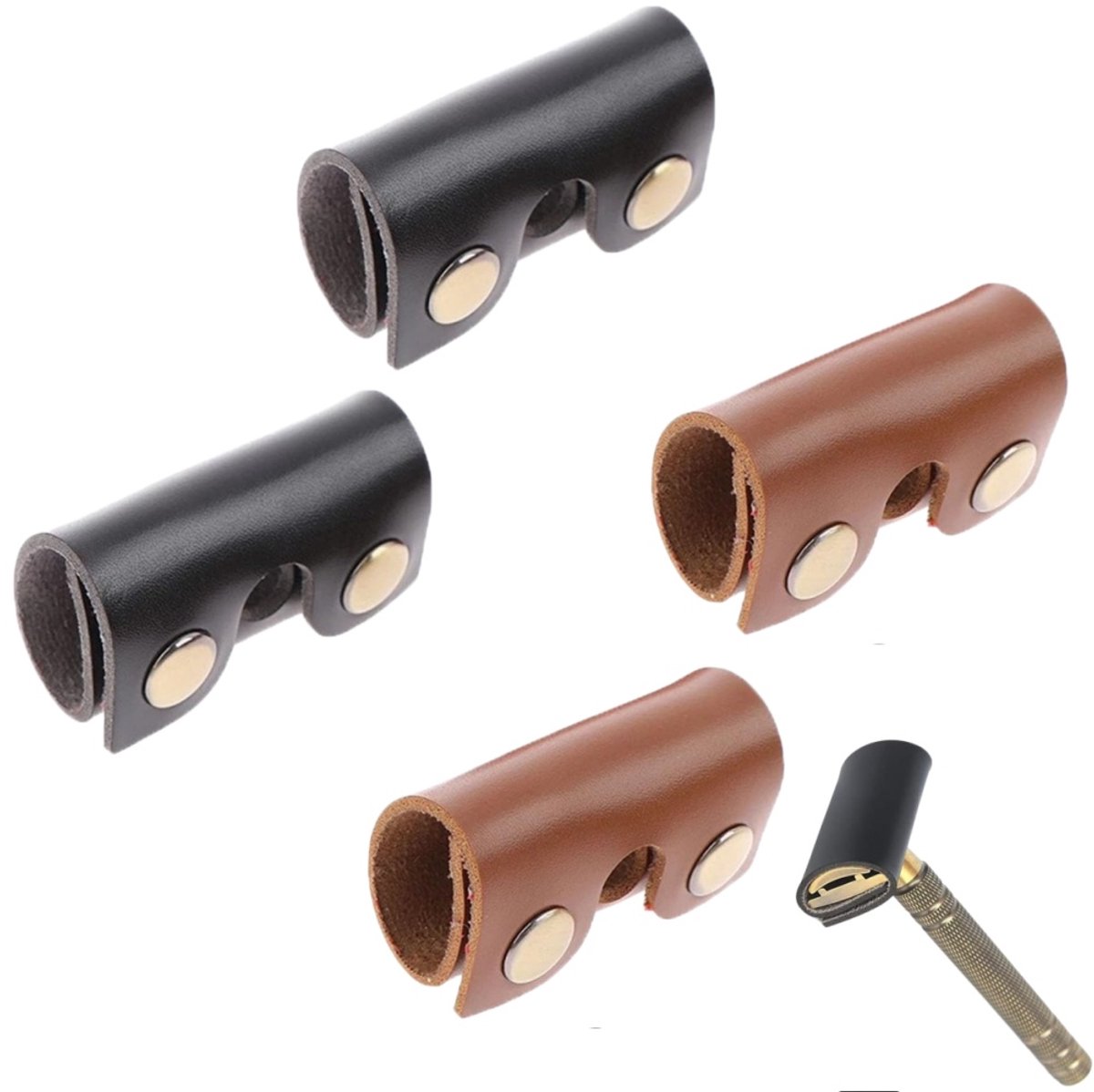 4 stuks – Scheerkopbeschermer – Lederen scheermesbeschermer – Accessoire ter bescherming van de scheerkop – Met drukknoopsluiting – Zwart en bruin – 45 x 85 mm – Geschikt voor dubbelzijdige en enkelzijdige veiligheidsscheermesjes