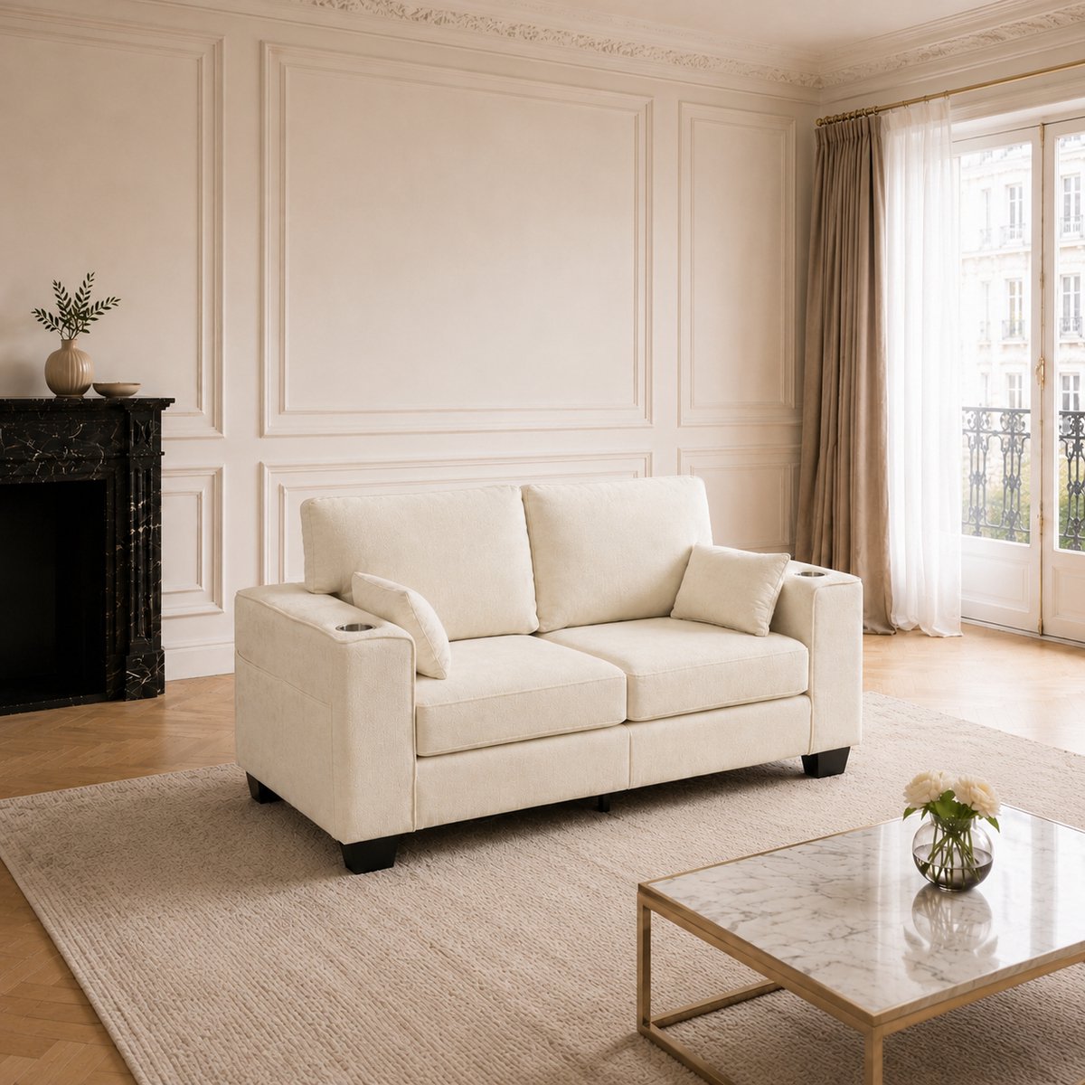 Zitbank - 182 x 72 x 96 cm - chenille bekleding - met opbergruimte - met bekerhouders - met houten poten - met armleuningen - met stevig frame - Beige