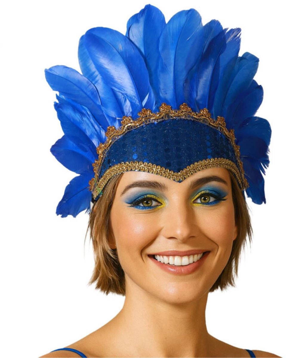 Atosa Can Can danseres hoofdband met veren - voor dames - blauw - Carnaval - Verentooi - verkleed artikelen - Twenties - Broadway - Moulin Rouge