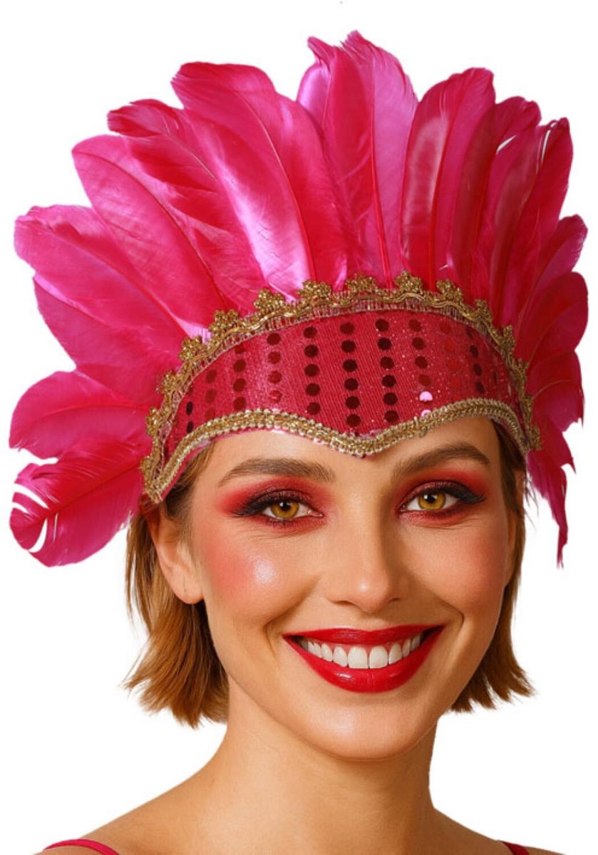 Atosa Can Can danseres hoofdband met veren - voor dames - roze - Carnaval - Verentooi - verkleed artikelen - Twenties - Broadway - Moulin Rouge