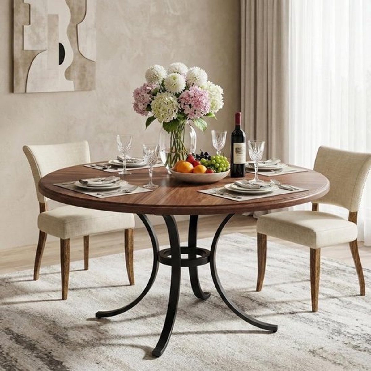 Eettafel Rond - Eetkamertafel Hout - Dineren Met Zes - Stevig Metalen Frame - 120x120x76cm - Bruin Zwart