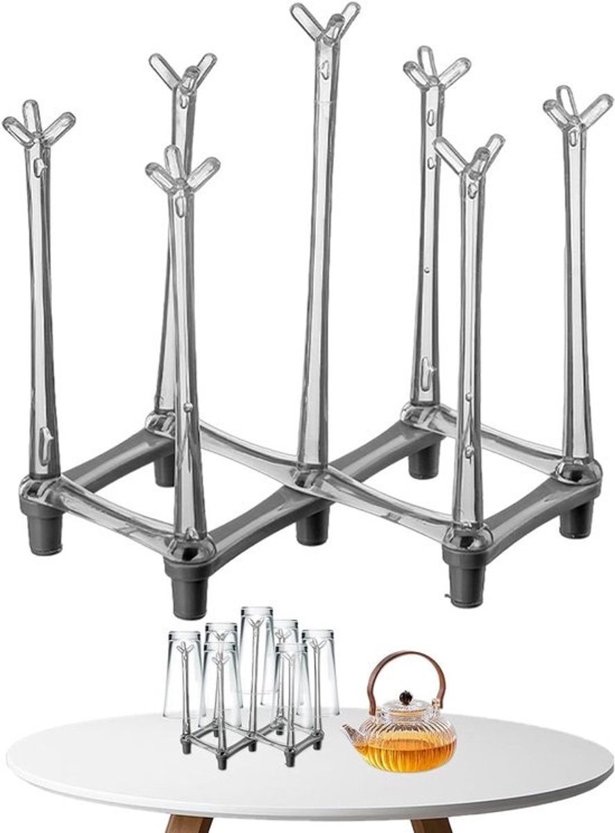 Beker Droogrek - Keukenrek - Kopjes Drogen - Verstelbare Houders - 24.5 x 18.5 cm - Grijs