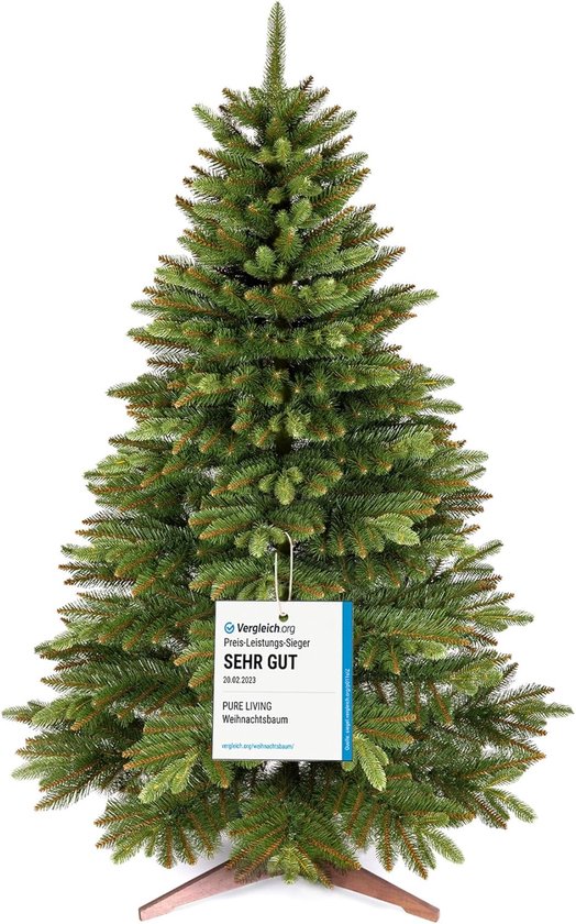 Pure Living Kunstkerstboom Nordmann 220 cm – Premium Kerstboom met Houten Standaard – Natuurlijk – PVC & PE – Groen
