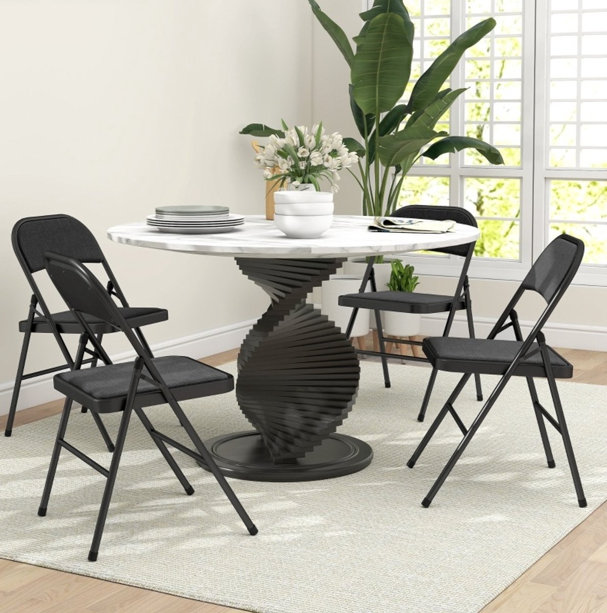 OKWISH Inklapstoel 4 Stuks Opvouwbare Gevoerde Stoel Met Linnenlook Metalen Frame Voor Eetkamer, Bureau En Wachtkamer, Zwart