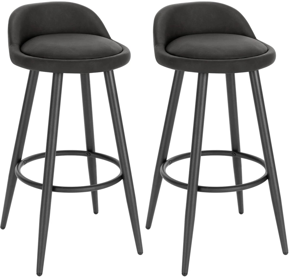 Klarven Barkrukken Leer antraciet - Barkrukken Set van 2 - Barkrukken met Rugleuning - Bar Stool - Voetsteun, Draagvermogen 120 kg - B75xd40xh25cm