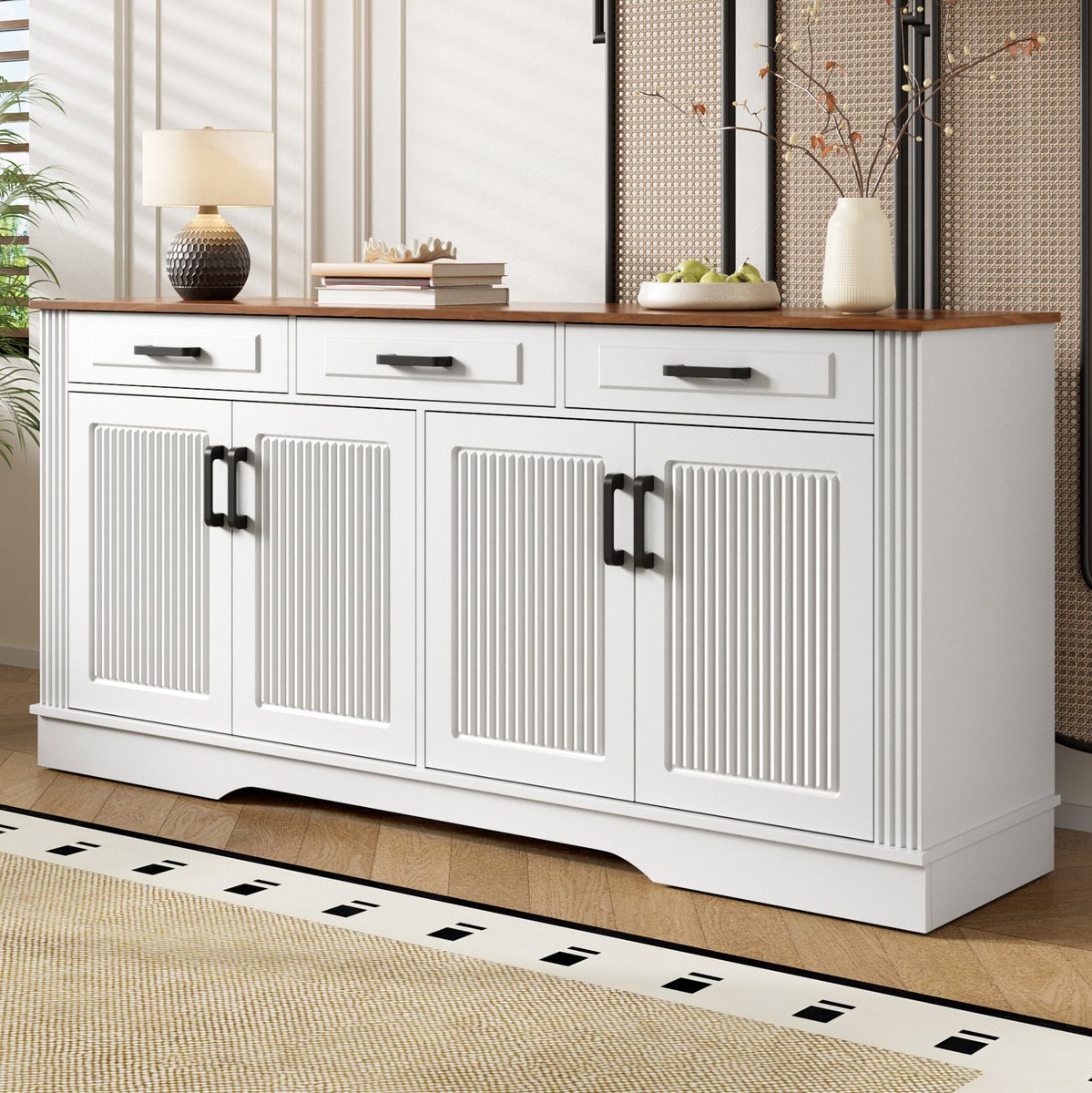 MODENUIT Dressoir - 3 Laden En 4 Deuren - Opbergkast Voor Woonkamer, Eetkamer En Hal - MDF - Wit - 160x40x75 Cm