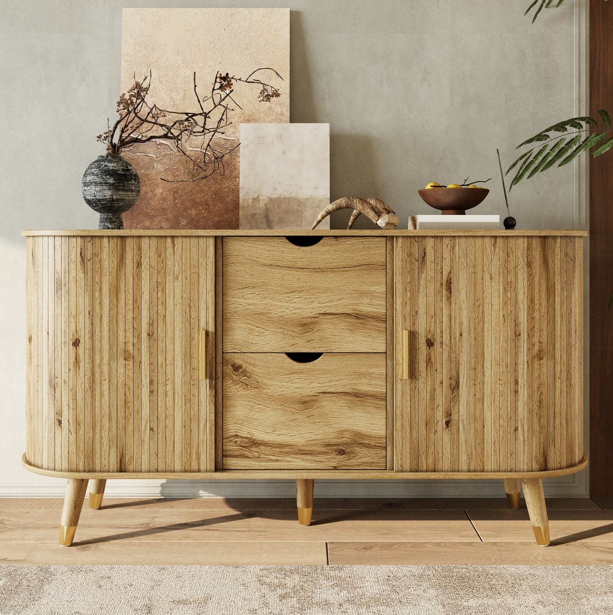 MODENUIT Dressoir - Met 2 Schuifdeuren En 2 Lades - Voor Woonkamer En Hal - MDF - 140x40x79,5 Cm - Naturel