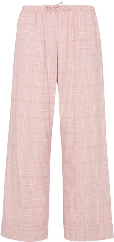 Losvallende roze pyjamabroek met subtiele ruitprint en trekkoord.