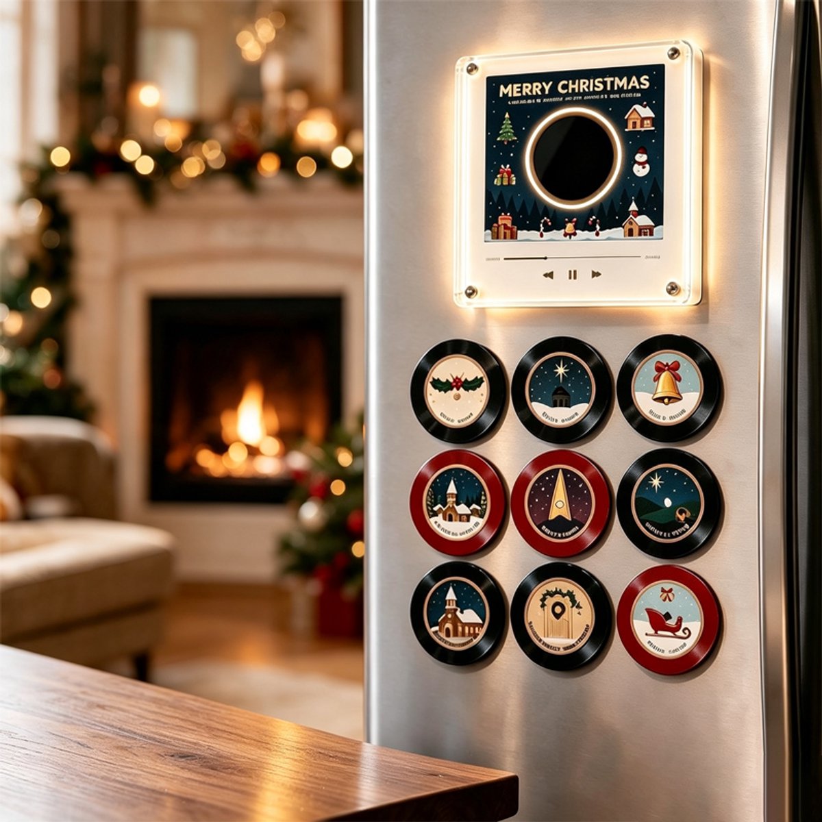 Magnetische Kerst Muziekdoos Voor Koelkast - 1 Stuk - Met 9 Nfc Mini Vinylplaten - USB-C Oplaadbaar - Mini-Platenspeler - Feestelijke Muziekdecoratie - Kerstdecoraties - Sfeervolle Kerstdecoratie - Geschikt Voor Huis, Keuken En Slaapkamer - Stijl A