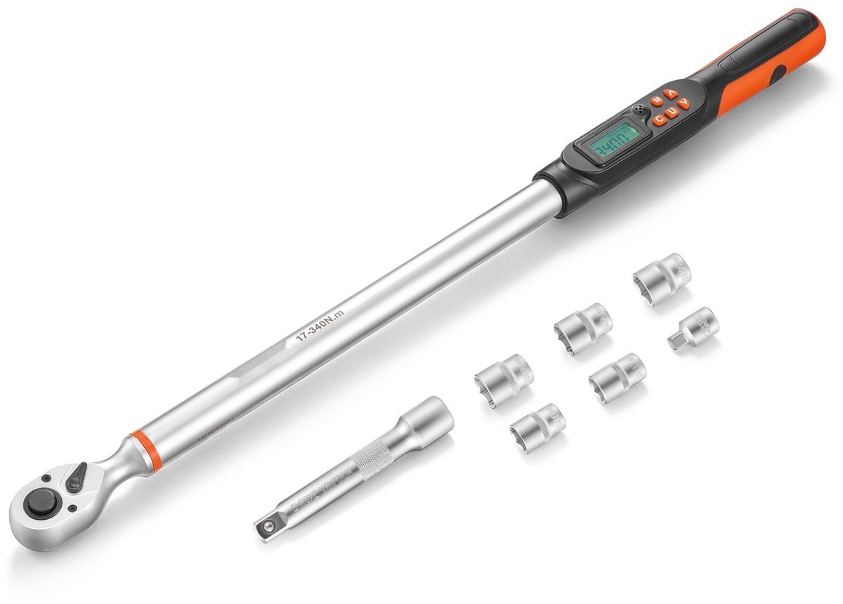 Digitale momentsleutelset voor autoreparaties - 1,27 cm aandrijving - 4-delig - ±2% nauwkeurigheid - LCD-display - Zoemer en LED-indicator - Met doppen en verlengstuk
