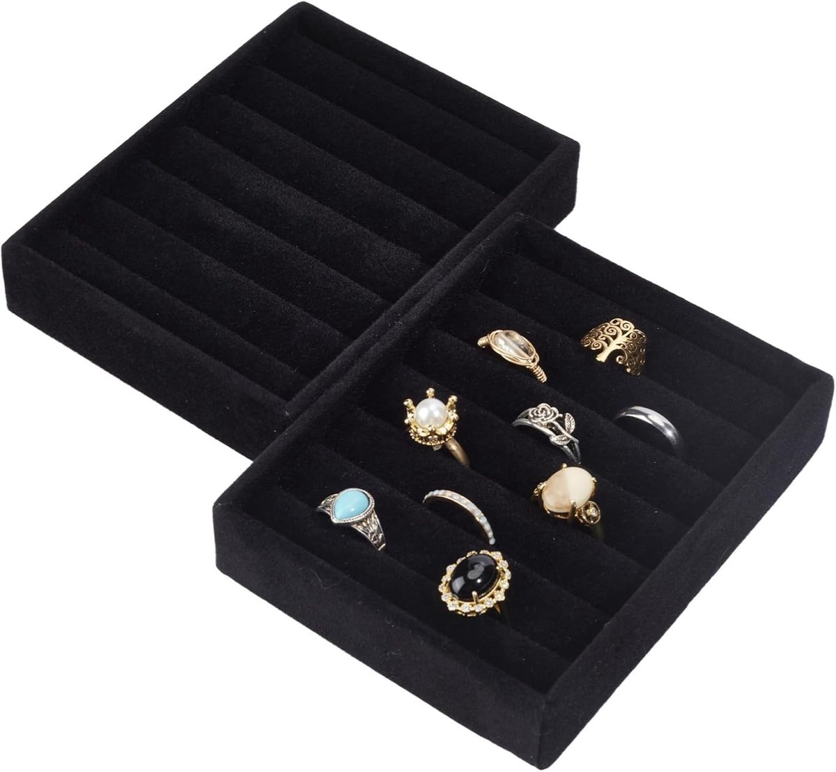2 Stuks Velvet Stapelbare Ring Organizer Tray voor Oorbellen en Sieradenopslag, Ideaal voor Juweel Display en Organisatie (9.5 x 12.5 cm)