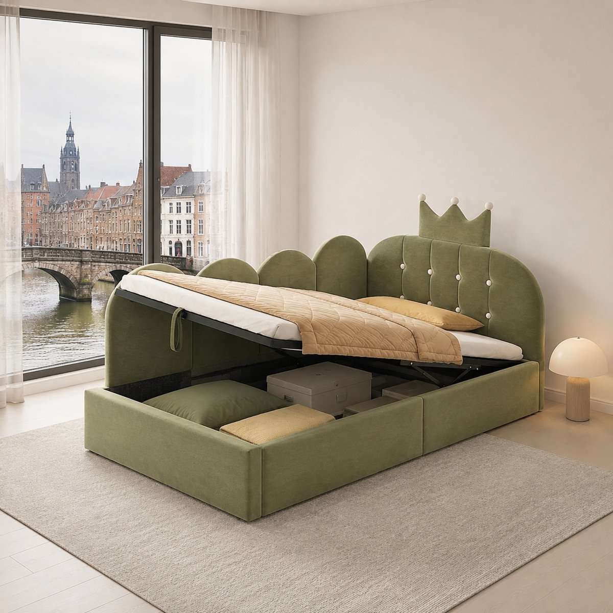 WUVRIE Bedbank 90x200 cm met opbergruimte, lattenbodem en groen velours, zonder matras