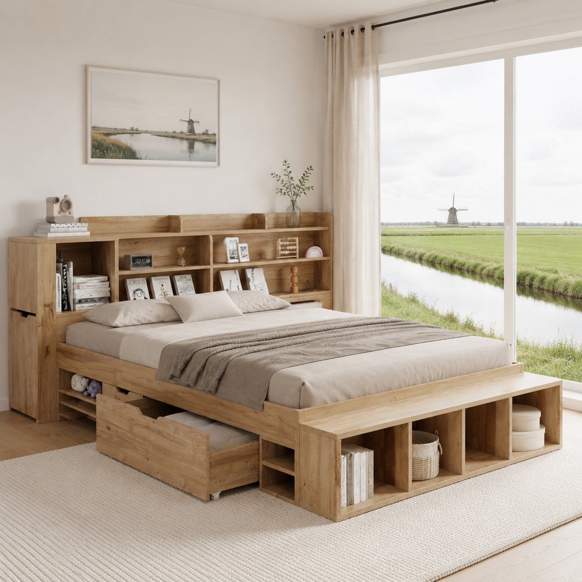 WUVRIE kinderbed 90x200 cm met opbergruimte, boekenrek, lade en draadloos opladen, naturel