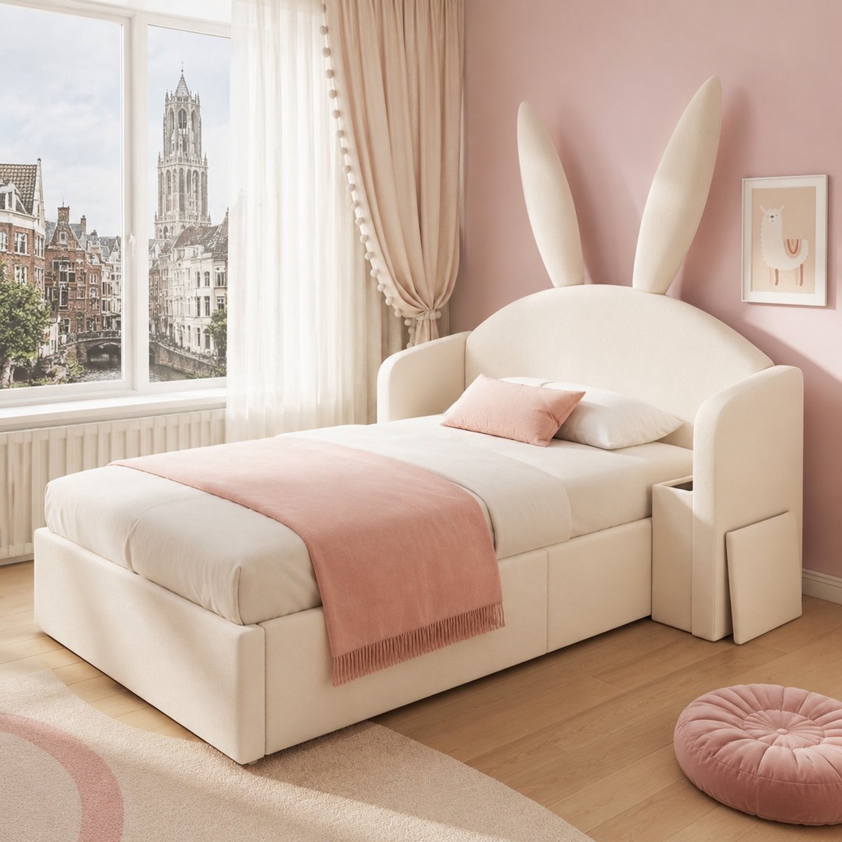 WUVRIE Kinderbed 90x200 cm met opbergruimte, hydraulisch bedframe, nachtkastje en hazenoren, beige