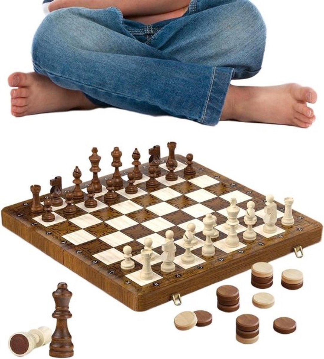 Houten Schaakspel - Reis Schaakbord - Strategisch Denken - Inklapbaar Bord - 395 x 242 cm - Houtkleur