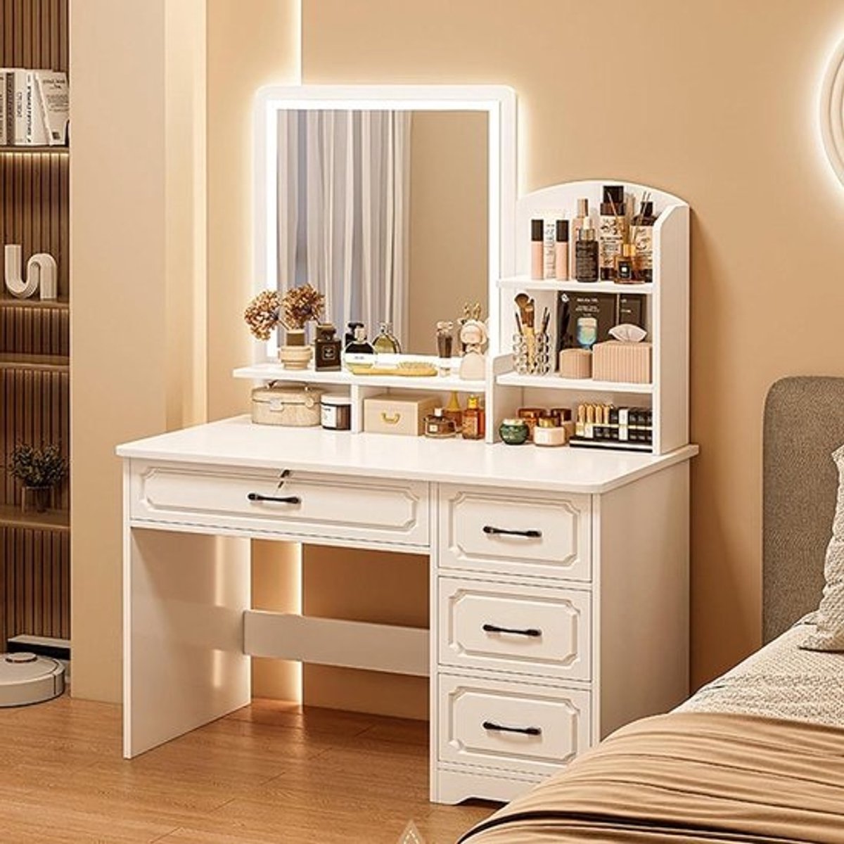 Kaptafel met LED - Make-up tafel Schminktafel - Make-up aanbrengen - Instelbare helderheid - 137x80x40cm - Wit