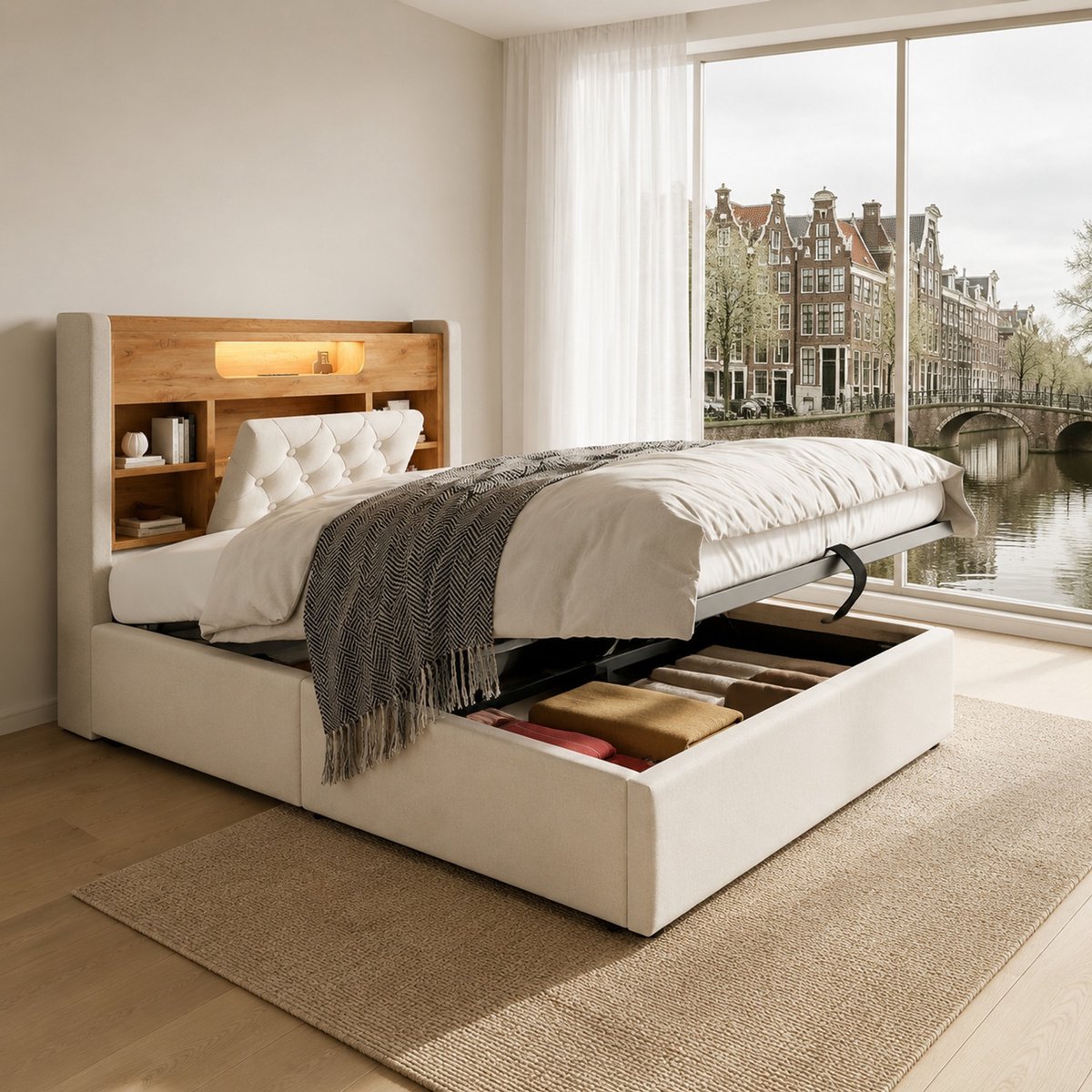 WUVRIE Bedframe 90x200 cm met opbergruimte, LED en USB-C, beige