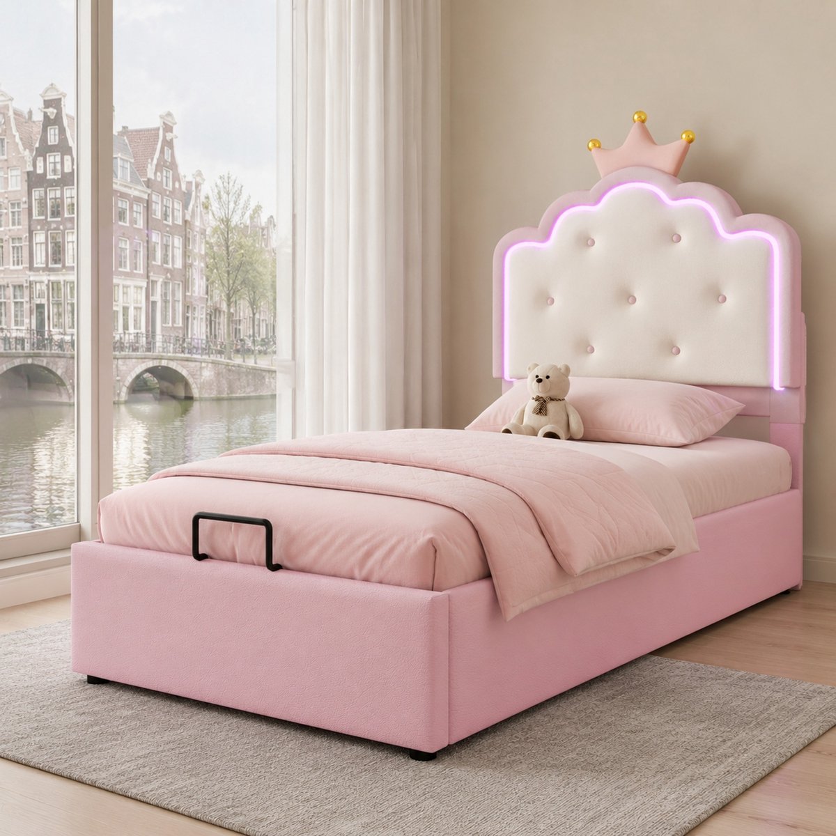 WUVRIE Kinderbed 90x200 cm prinses met LED, opbergruimte, lattenbodem, zonder matras, roze