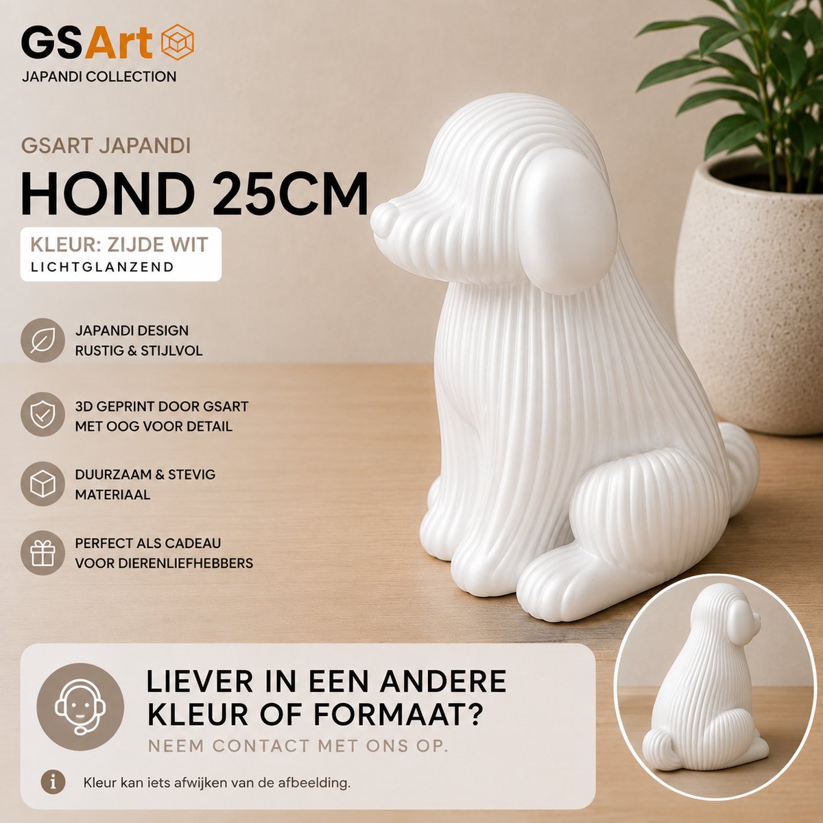 GSArt Japandi Hond – 3D Geprint Decoratiebeeld – Modern Japandi Woonaccessoire - 25cm Zijde Wit