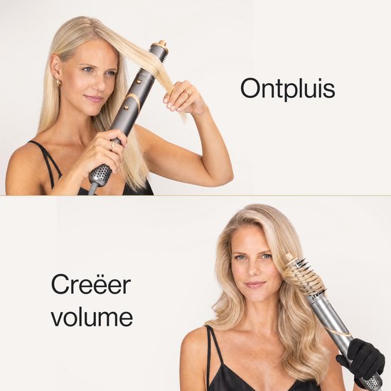 Collage van een blonde vrouw die haar haar ontpluist en volume creëert met opzetstukken van een airstyler.