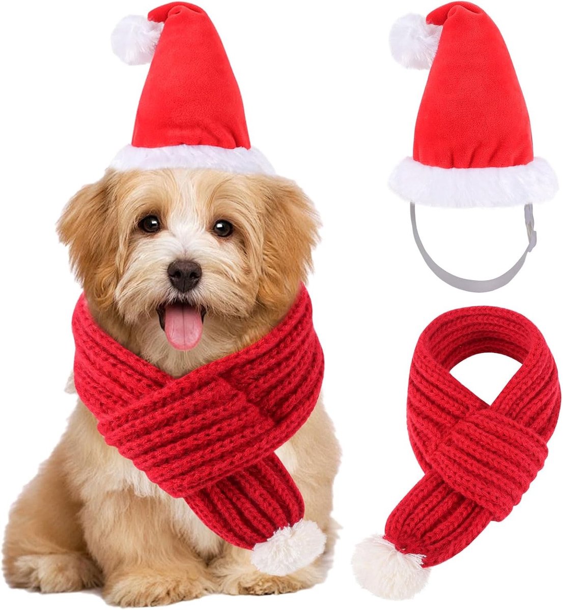 Honden- en kattenkostuum voor de feestdagen met 3D Santa-hat en verstelbare gebreide sjaal, perfect voor kleine en middelgrote huisdieren