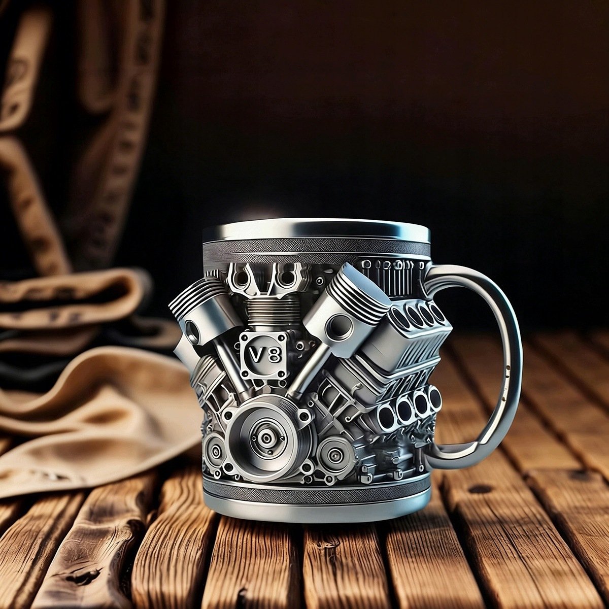 V8 Motor Mok: Realistisch 3D-ontwerp, RVS & Hars, 450ml