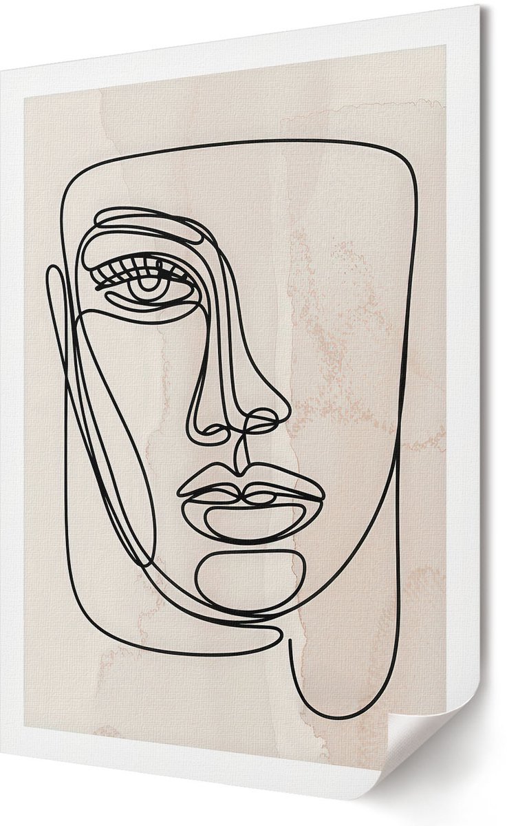 Coloray Polycanvas Poster - Gezichtsschets, Lijntekening - 420 x 594 - Beige Wanddecoratie - Rechthoek - Decoratieve poster - Woonkamer, Slaapkamer, Kantoor - Minimalist