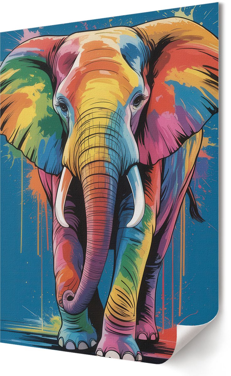 Coloray Polycanvas Poster - Kleurrijke Olifant, Illustratie - 420 x 594 - Blauw Wanddecoratie - Rechthoek - Decoratieve poster - Woonkamer, Slaapkamer, Kantoor - Artistiek