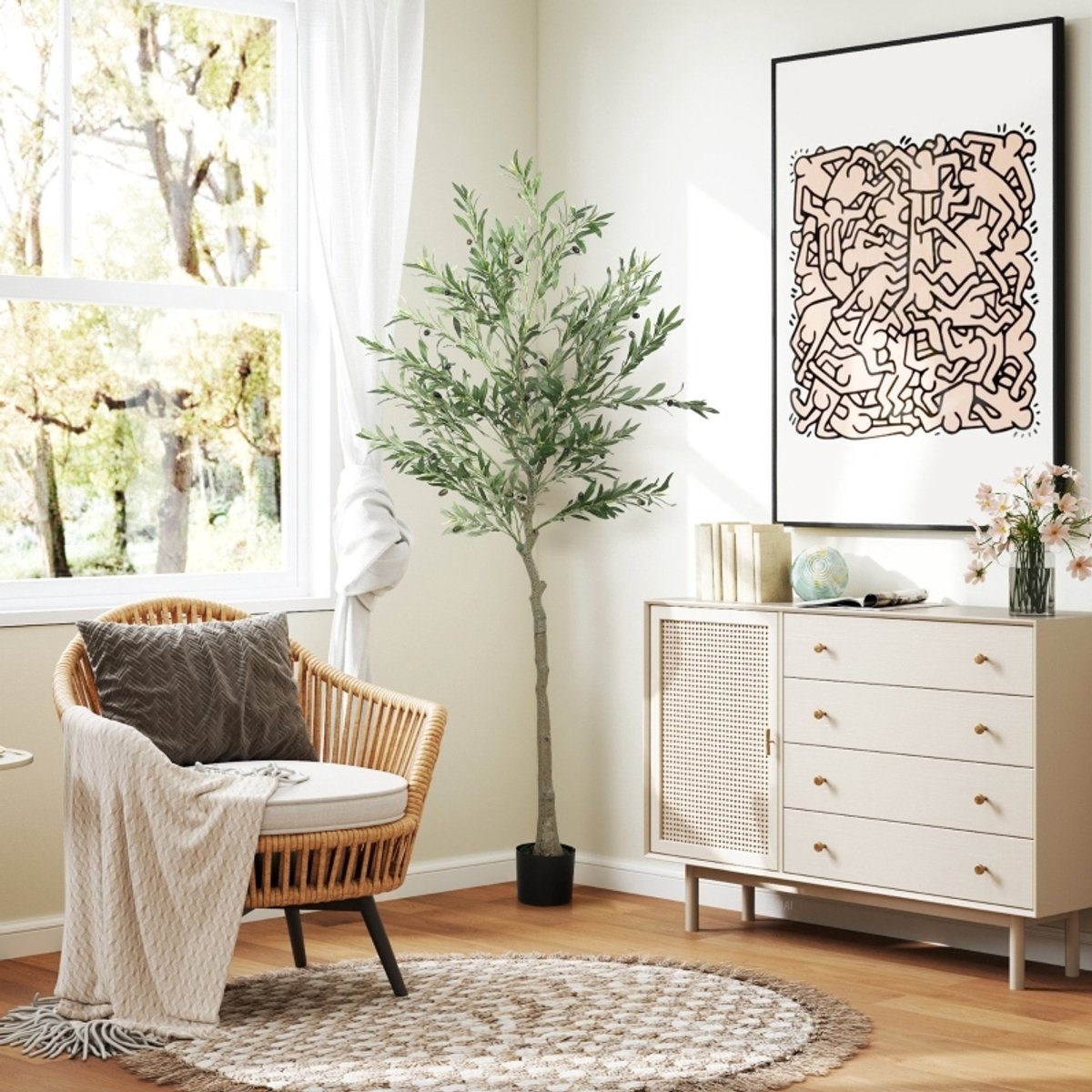 REDOM - Kunstplant - Realistische olijfboom - Buigbare takken met metaaldraad - In pot met cement - Voor binnen - Kunststof - Groen - 180 cm