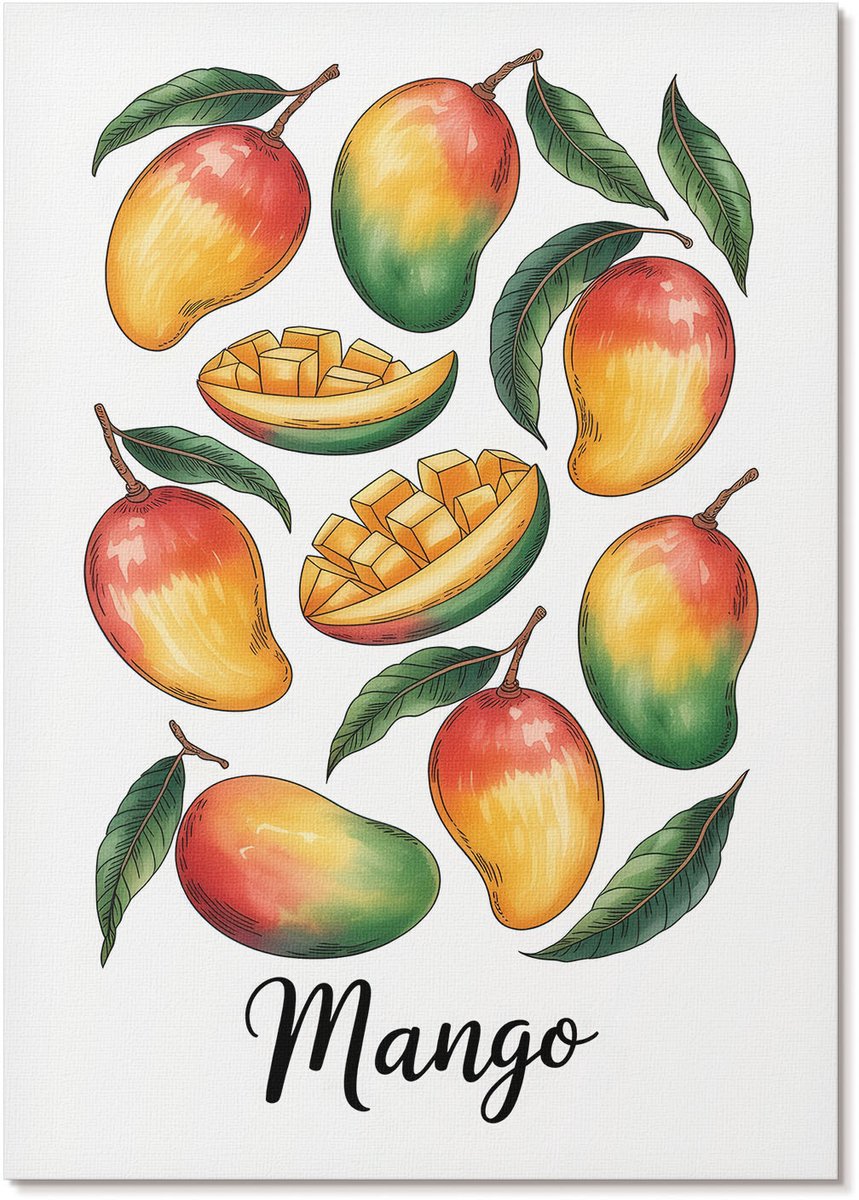 Tulup Polycanvas Wandposter - Exotische Mango, Illustratie - A4 - Groen Wanddecoratie - Rechthoek - Muurkunst - Woonkamer, Slaapkamer, Kantoor - Decoratief