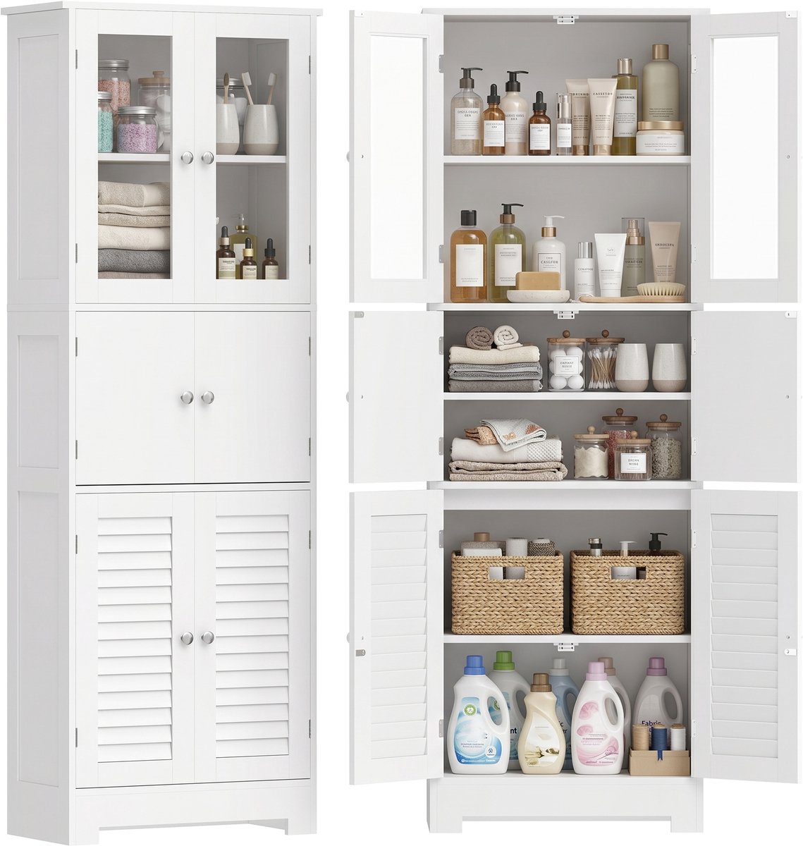 Moderne hoge badkamerkast - 60x30x170 cm - Met Lade 4 Deuren - Wit