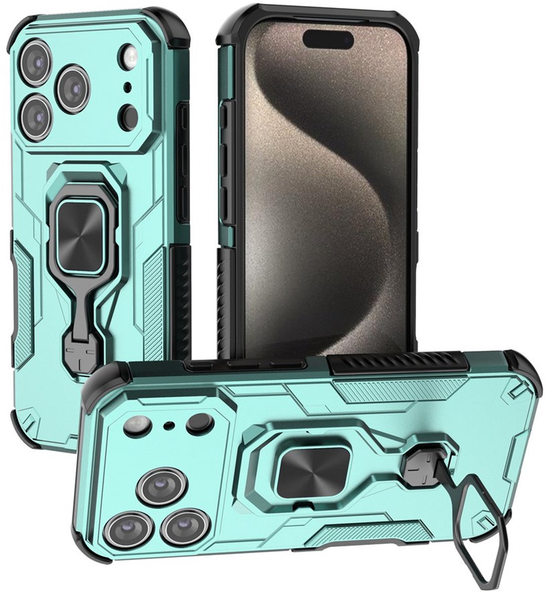 MobyDefend Hoesje - Geschikt voor iPhone 18 Pro - Dubbelgelaagde Pantsercase Met Standaard - Turquoise