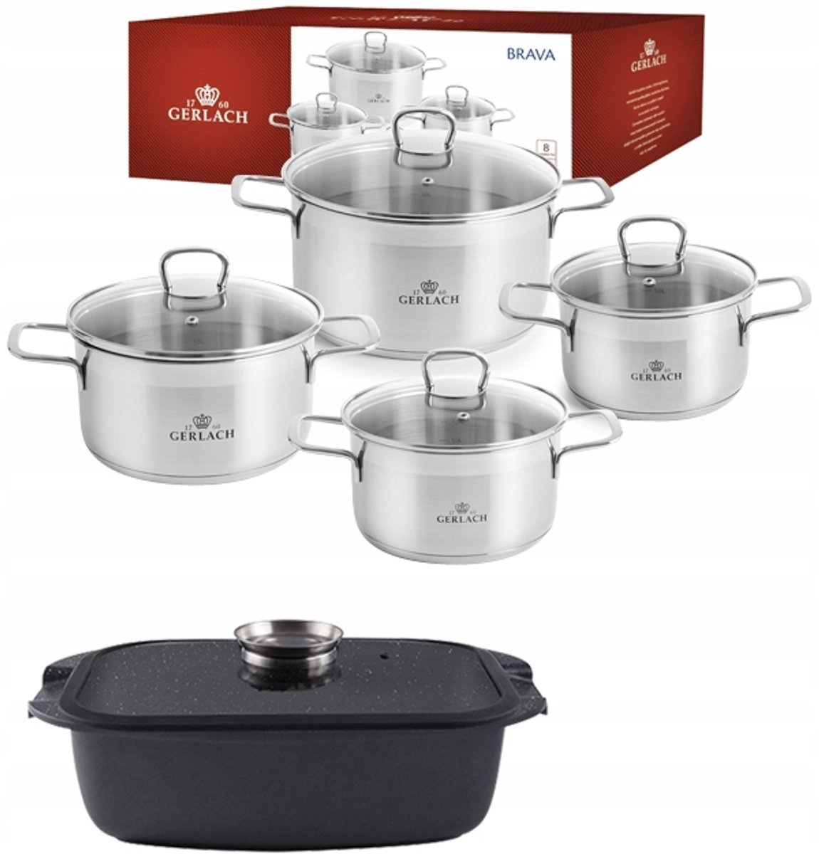 Gerlach Brava Pannenset 8-delig + Braadpan & Deksel - Inductie