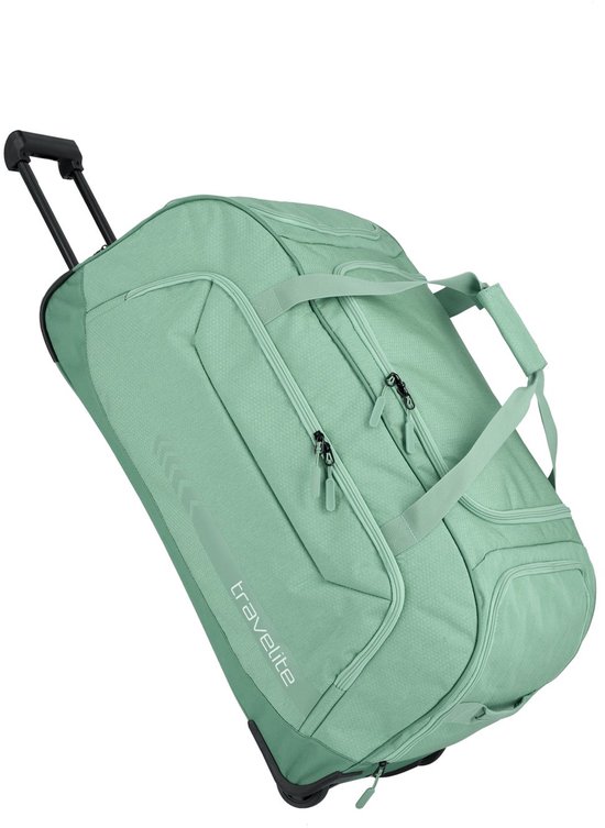Sagegroene reistas met wieltjes en handvatten van Travelite. Met extra vakken en 'travelite' logo.