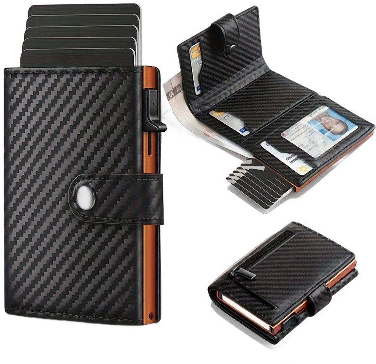 Currero Portomonee - Portemonnee Dames & Heren - RFID Anti Skim - Pasjeshouder - Klein Model - Met Rits - Kunstleer - Carbon Fiber + Oranje
