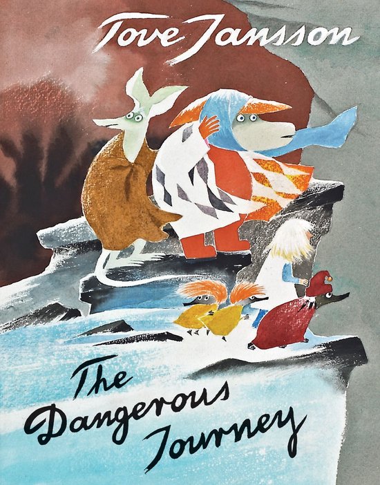 Boekomslag met Tove Jansson's 'The Dangerous Journey'. Personages op een rotsachtige, ijzige kust.