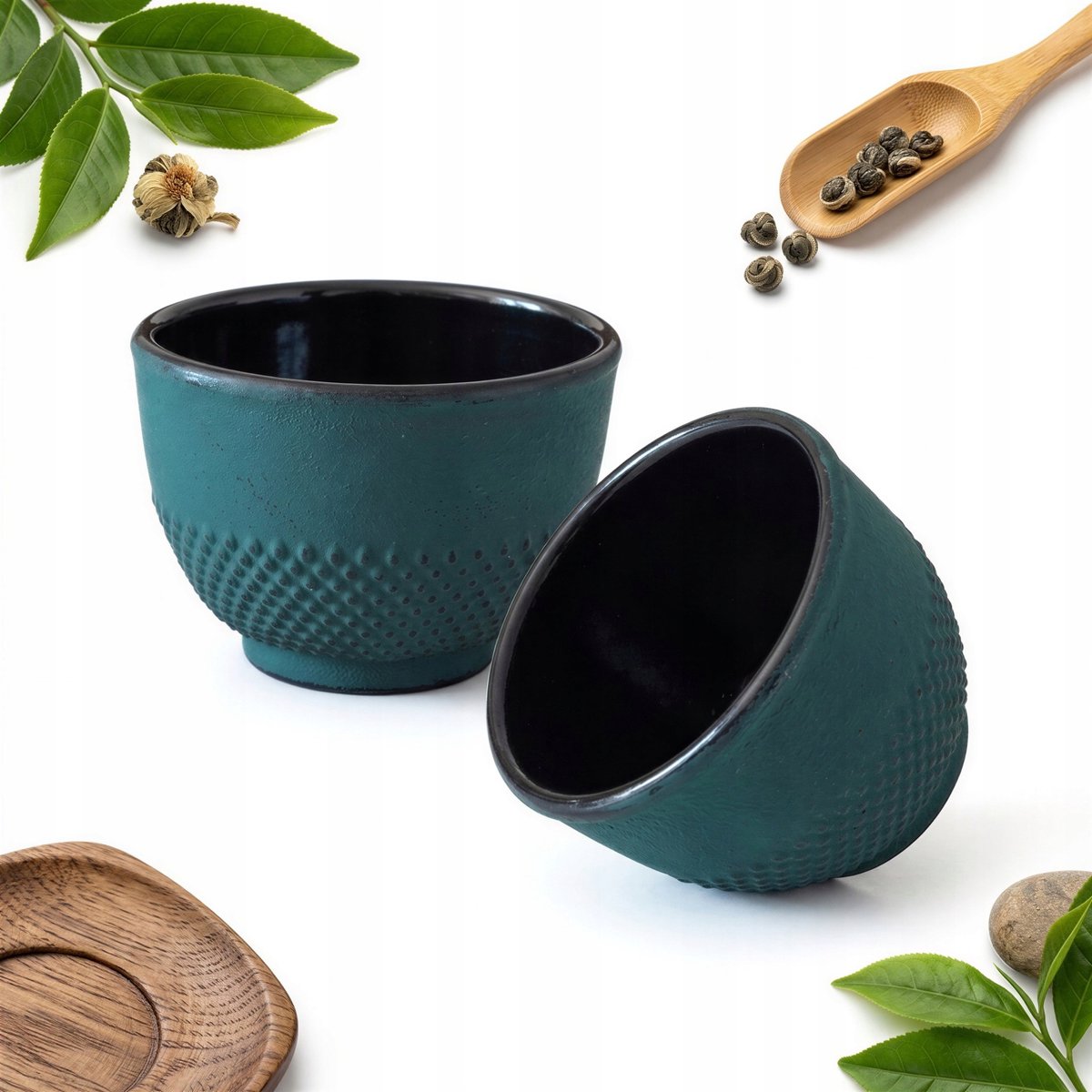 Set van 2 Groene Gietijzeren Theekopjes, 100 ml
