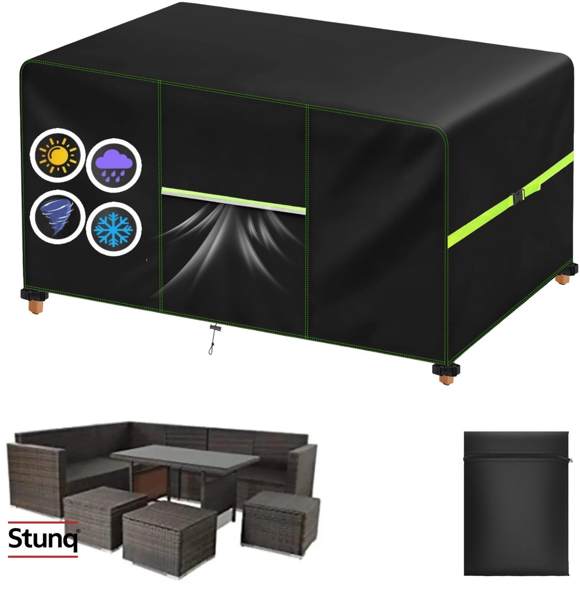 Stunq Tuinmeubelhoes 242x182x100 cm waterdicht met reflecterende accenten Zwart