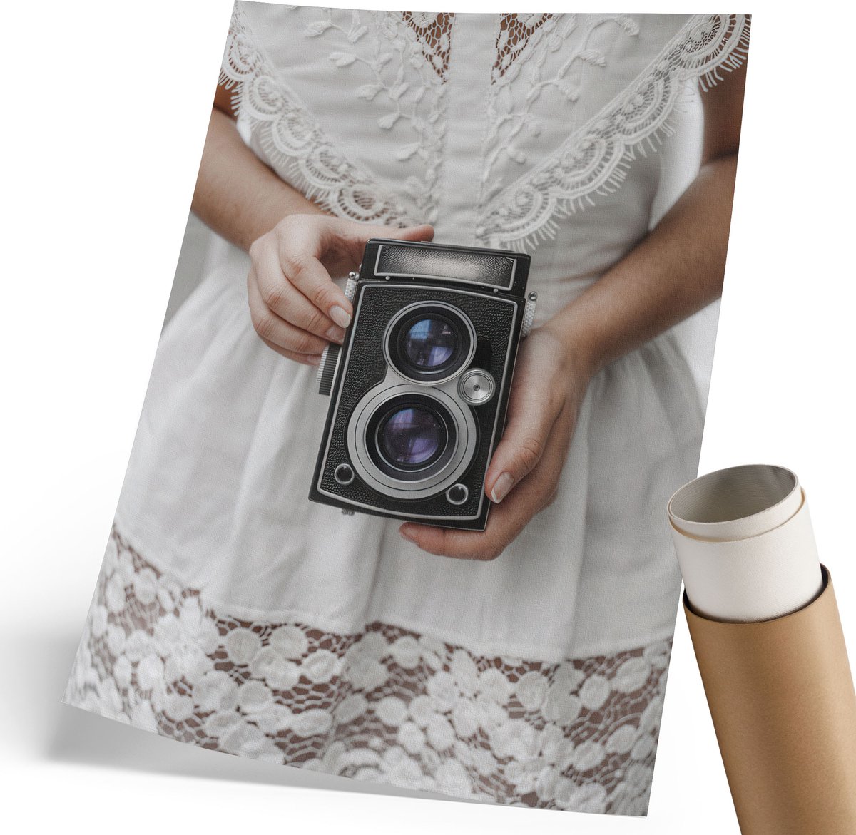 Coloray Polycanvas Wandposter - Vintage Camera, Fotografie - 210 x 297 mm - Wit Motief - Rechthoek - Wandkunstwerk - Woonkamer, Slaapkamer, Kantoor - Klassiek