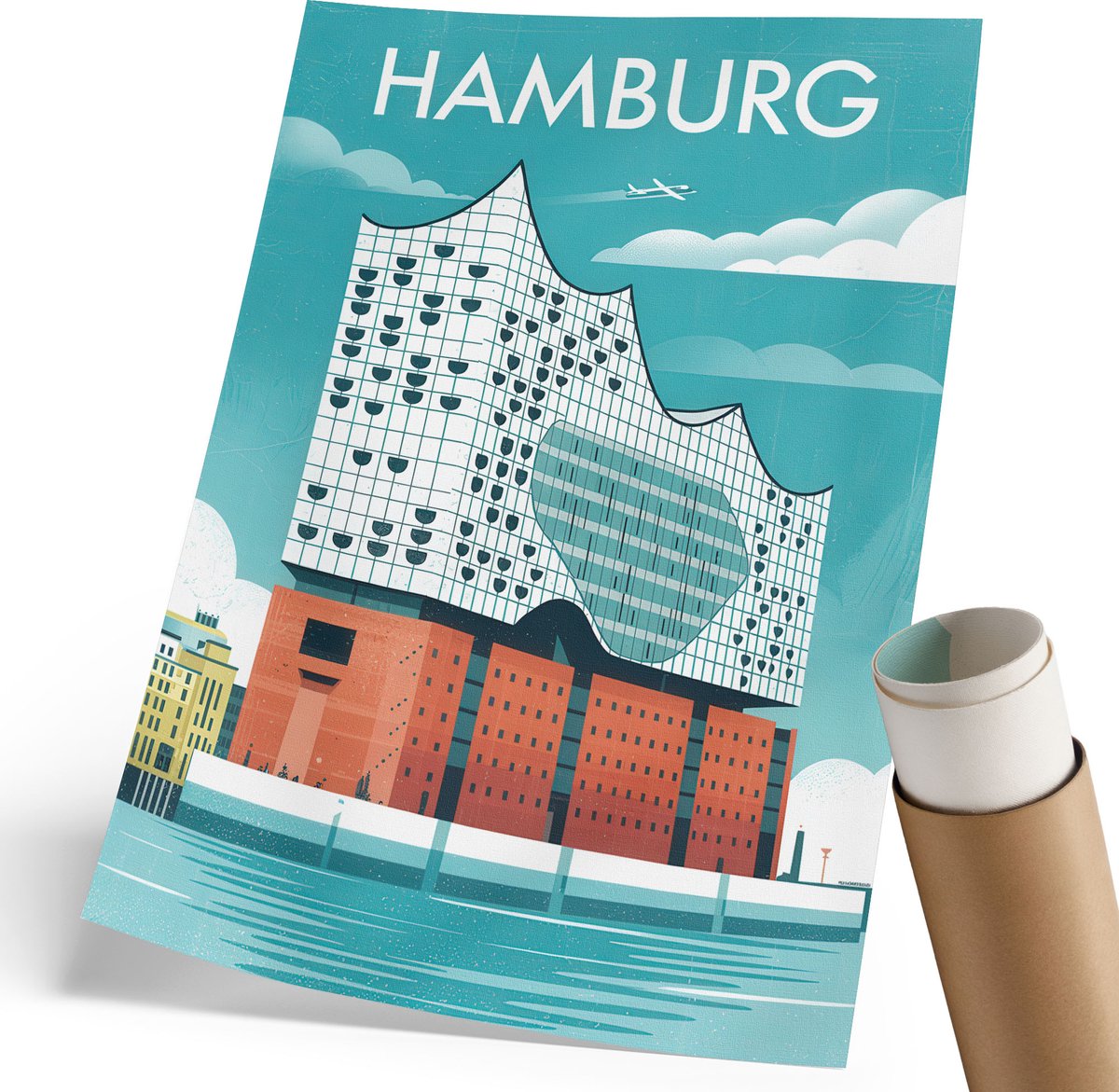 Coloray Polycanvas Wandposter - Hamburg Illustratie, Illustratie - 210 x 297 mm - Blauw Motief - Rechthoek - Interieurdecoratie - Woonkamer, Slaapkamer, Kantoor - Modern