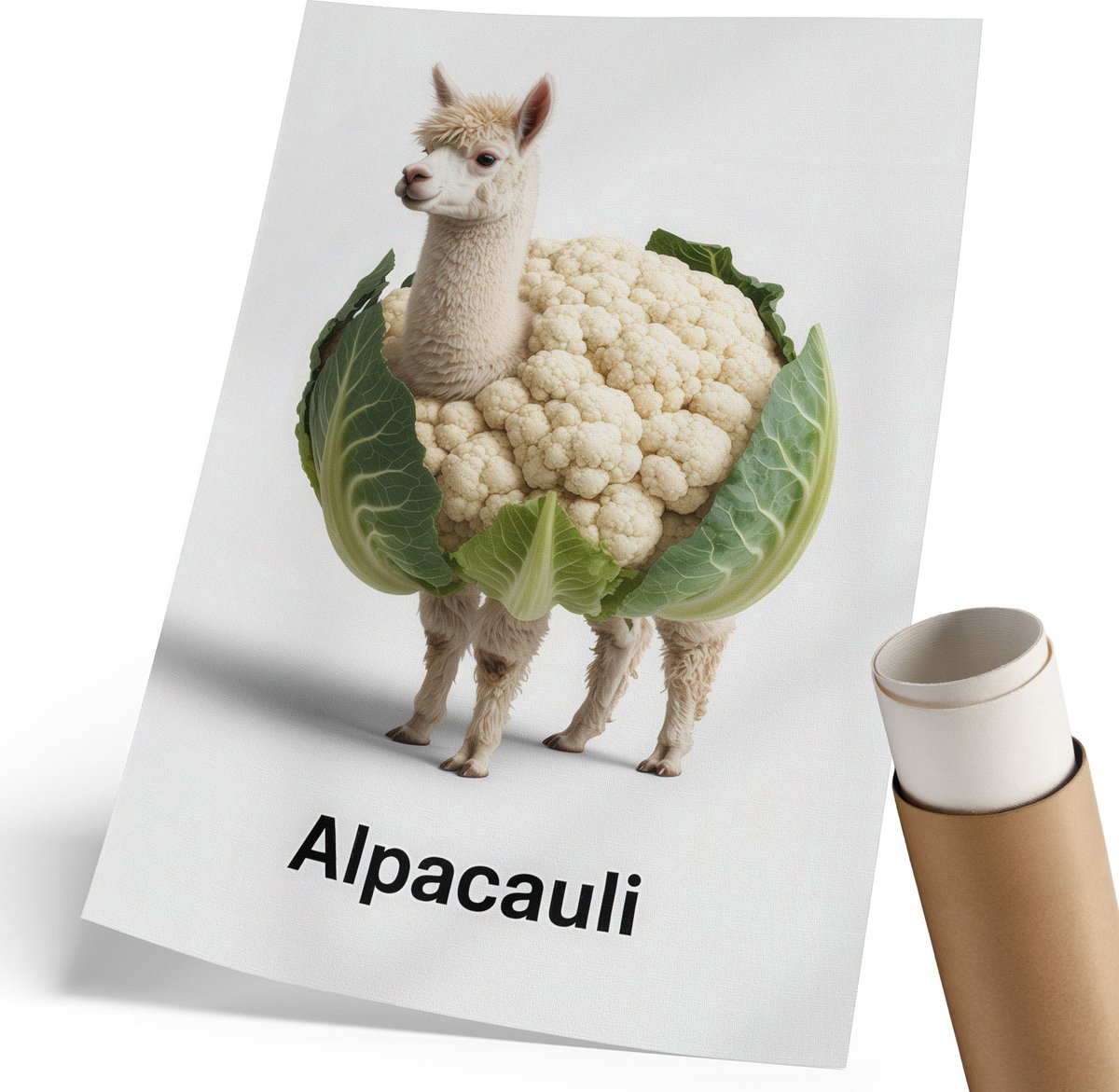 Coloray Polycanvas Wandposter - Alpaca Bloemkool, Illustratie - 210 x 297 mm - Wit Wanddecoratie - Rechthoek - Canvasposter - Woonkamer, Slaapkamer, Kantoor - Humoristisch