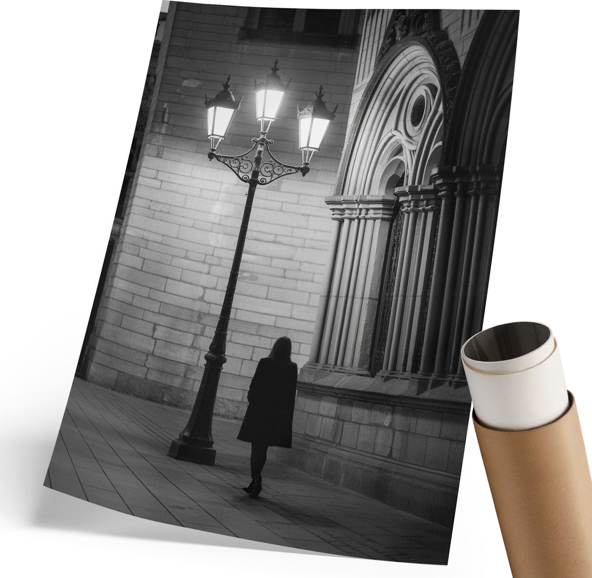 Coloray Polycanvas Poster - Stadslantaarn, Fotografie - 210 x 297 mm - Zwart-wit Wanddecoratie - Rechthoek - Decoratieve poster - Woonkamer, Slaapkamer, Kantoor - Klassiek