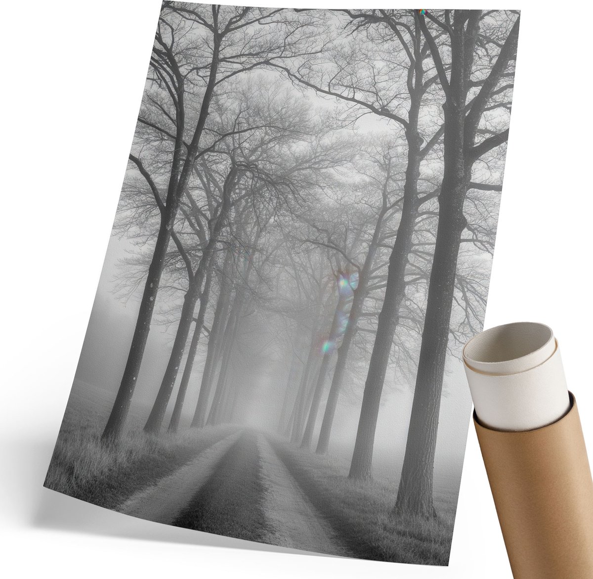 Coloray Polycanvas Poster - Mist Op De Weg, Fotografie - 210 x 297 mm - Zwart-wit Wandposter - Rechthoek - Decoratieve poster - Woonkamer, Slaapkamer, Kantoor - Klassiek