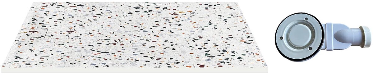 Vente-unique Extra platte inleg- of opbouwdouchebak, op maat snijdbaar in SMC-hars met sifon - Wit terrazzo effect - 140 x 90 cm - MIRNOSA
