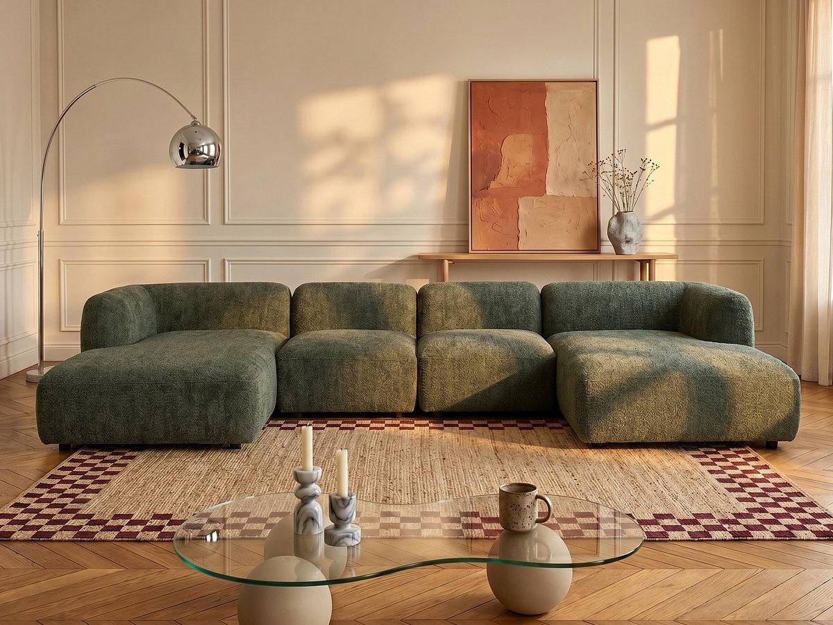 Vente-unique Chaise longue rechts in groene boucléstof DANEPI