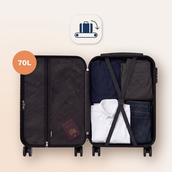 Een geopende donkerblauwe koffer met kleding en een paspoort, met een indicatie van 70L capaciteit.