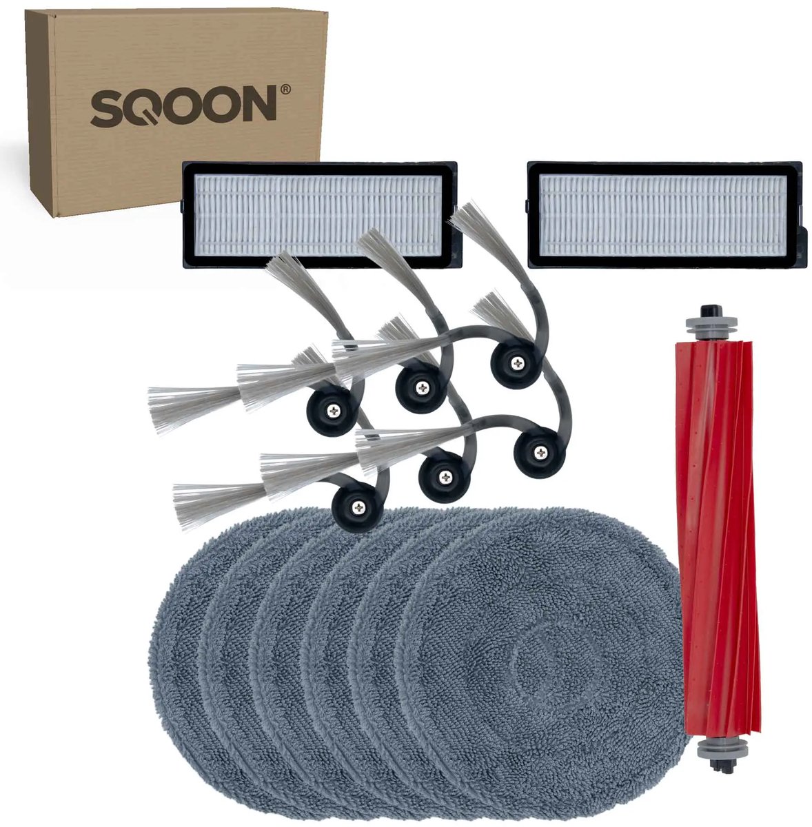 SQOON vervangingsset geschikt voor Roborock QV35A / QV35S robotstofzuiger - 15-delige onderhoudskit met HEPA-filters, zijborstels, borstelrol en dweilpads Grijs