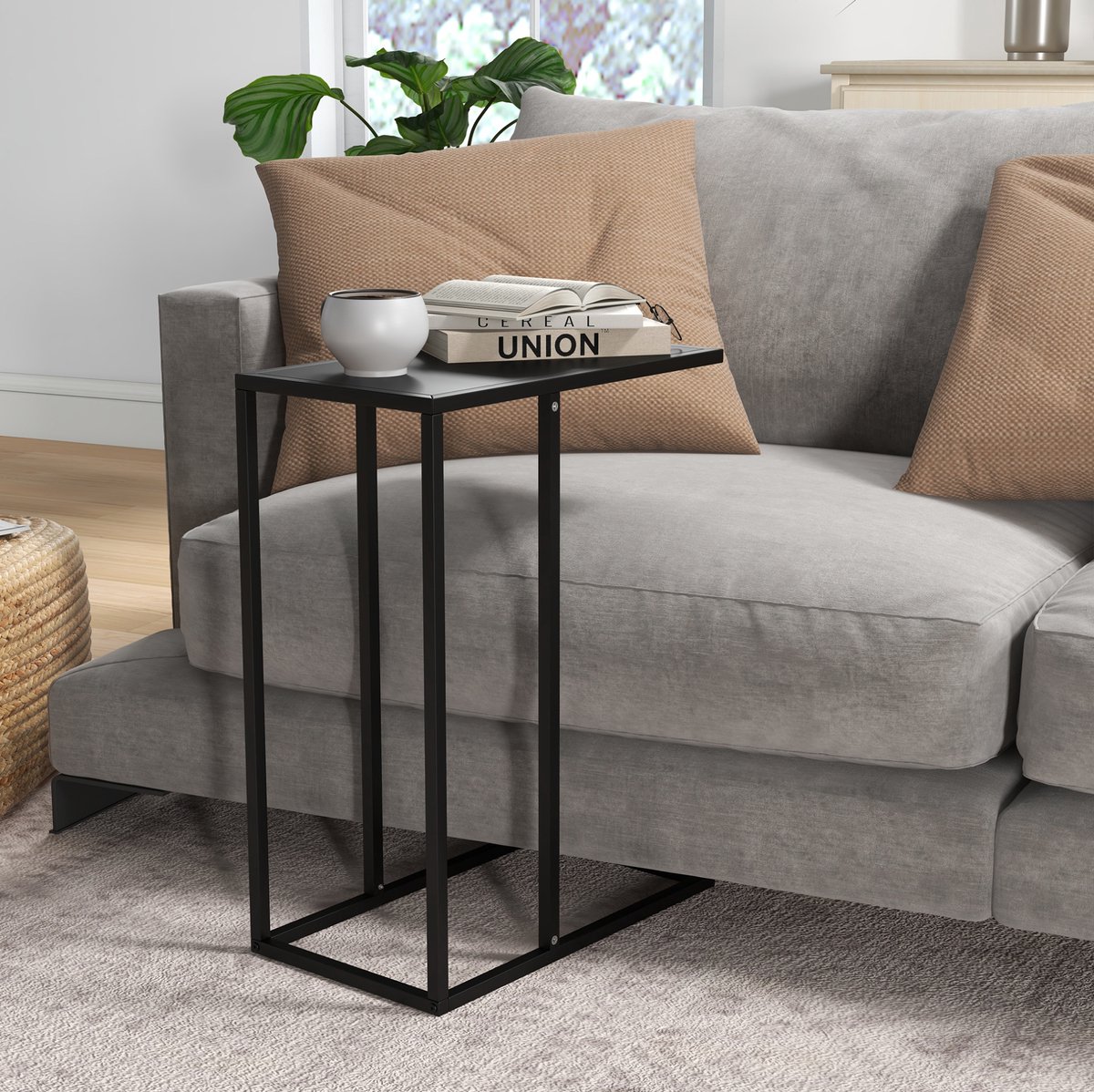 MODENUIT Bijzettafel - C-Vorm Met Stalen Frame - Voor Bank En Bed - Zwart - 46x26x60 Cm - Rechthoekig