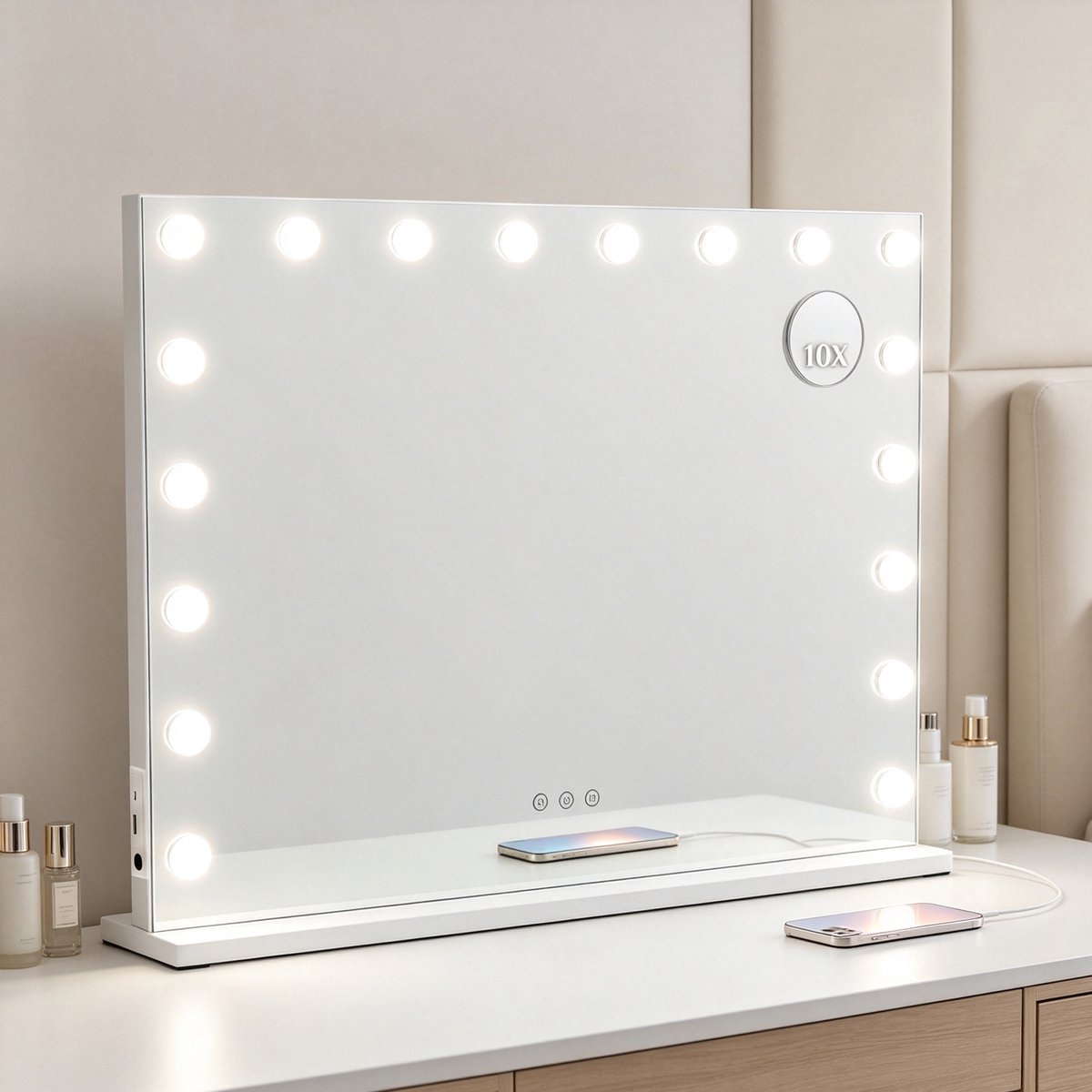 ANTENLICHT Make-up Spiegel met Verlichting - Hollywood Spiegel 80x60CM - USB & USB-C Oplaadporten - 18 LED Lampen - 10x vergroting - 3 Lichtstanden - Dimbaar - Smart Touch - Make Up Spiegel - Wit