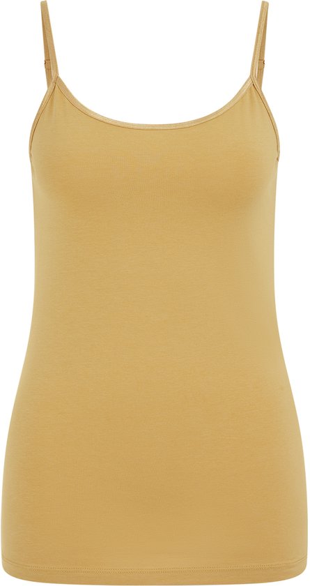 Okergele dames singlet met spaghettibandjes, op witte achtergrond.